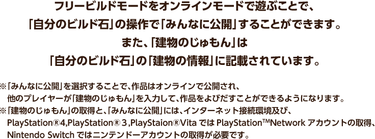 フリービルドモードをオンラインモードで遊ぶことで、「自分のビルド石」の操作で「みんなに公開」することができます。また、「建物のじゅもん」は「自分のビルド石」の「建物の情報」に記載されています。