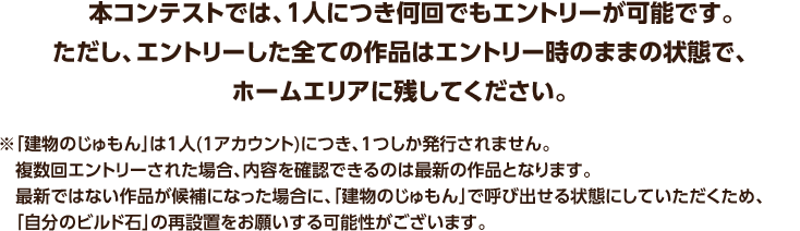 本コンテストでは、1人につき何回でもエントリーが可能です。ただし、エントリーした全ての作品はエントリー時のままの状態で、ホームエリアに残してください。