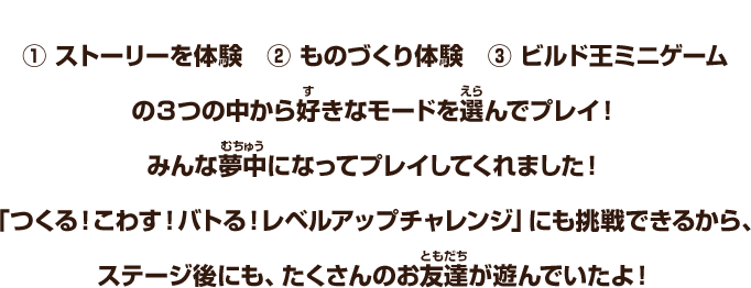 ①ストーリーを体験　②ものづくり体験　③ビルド王ミニゲーム　の３つの中から好きなモードを選んでプレイ！みんな夢中にプレイしてくれました！「つくる！こわす！バトる！レベルアップチャレンジ」にも挑戦できるから、ステージ後にも、たくさんのお友達が遊んでいたよ！