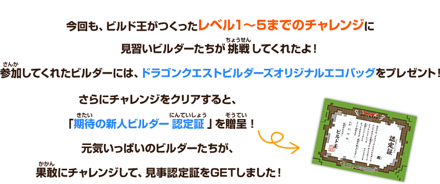 今回も、ビルド王がつくったレベル１～５までのチャレンジに見習いビルダーたちが挑戦してくれたよ！参加してくれたビルダーには、ドラゴンクエストビルダーズオリジナルエコバッグをプレゼント！さらに、チャレンジをクリアすると「期待の新人ビルダー認定証」を贈呈！元気いっぱいのビルダーたちが、果敢にチャレンジして、見事認定証をGETしました！