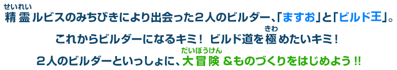 精霊ルビスのみちびきにより出会った２人のビルダー、「ますお」と「ビルド王」。これからビルダーになるキミ！ビルド道を極めたいキミ！２人のビルダーといっしょに、大冒険＆ものづくりをはじめよう!!