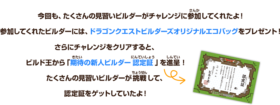 今回も、たくさんの見習いビルダーがチャレンジに参加してくれたよ！参加してくれたビルダーには、ドラゴンクエストビルダーズオリジナルエコバッグをプレゼント！さらにチャレンジをクリアすると、ビルド王から「期待の新人ビルダー認定証」を進呈！たくさんの見習いビルダーが挑戦して、認定証をゲットしていたよ！