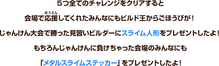 ５つ全てのチャレンジをクリアすると会場で応援してくれたみんなにもビルド王からごほうびが！じゃんけん大会で勝った見習いビルダーにスライム人形をプレゼントしたよ！もちろんじゃんけんに負けちゃった会場のみんなにも「メタルスライムステッカー」をプレゼントしたよ！