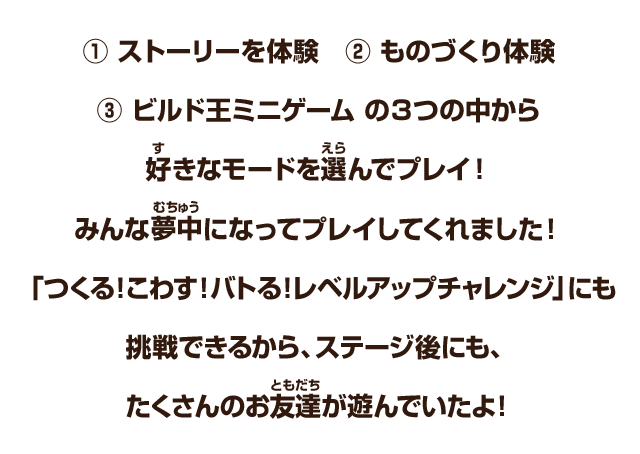 ①ストーリーを体験　②ものづくり体験　③ビルド王ミニゲーム　の３つの中から好きなモードを選んでプレイ！みんな夢中にプレイしてくれました！「つくる！こわす！バトる！レベルアップチャレンジ」にも挑戦できるから、ステージ後にも、たくさんのお友達が遊んでいたよ！
