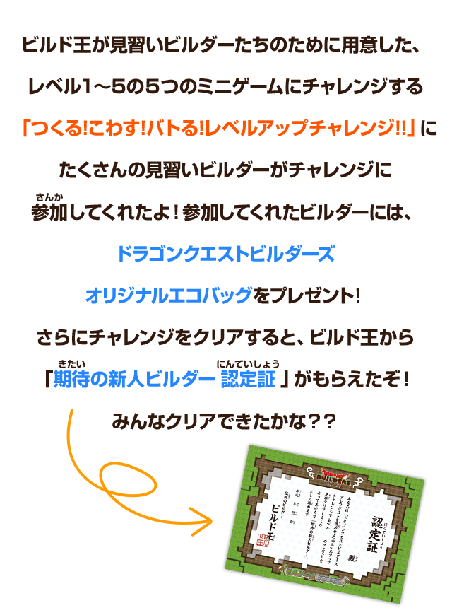 ビルド王が見習いビルダーたちのために用意した、レベル１～5の５つのミニゲームにチャレンジする「つくる!こわす!バトる!レベルアップチャレンジ!!」にたくさんの見習いビルダーがチャレンジに参加してくれたよ！参加してくれたビルダーには、ドラゴンクエストビルダーズオリジナルエコバッグをプレゼント！さらにチャレンジをクリアすると、ビルド王から「期待の新人ビルダー認定証」がもらえたぞ！みんなクリアできたかな？？