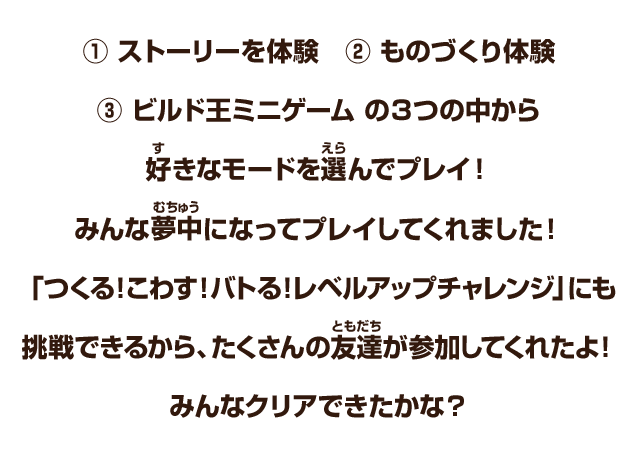 ①ストーリーを体験　②ものづくり体験　③ビルド王ミニゲーム　の３つの中から好きなモードを選んでプレイ！みんな夢中になってプレイしてくれました！「つくる！こわす！バトる！レベルアップチャレンジ」にも挑戦できるから、たくさんの友達が参加してくれたよ！みんなクリアできたかな？