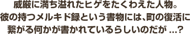 威厳に満ち溢れたヒゲをたくわえた人物。彼の持つメルキド録という書物には、町の復活に繋がる何かが書かれているらしいのだが...?