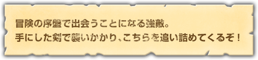 冒険の序盤で出会うことになる強敵。 手にした剣で襲いかかり、こちらを追い詰めてくるぞ!