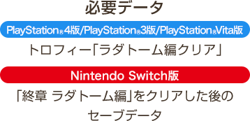 必要データ　PlayStation®4版/PlayStation®3版/PlayStation®Vita版：トロフィー「ラダトーム編クリア」　Nintendo Switch版：「終章 ラダトーム編」をクリアした後のセーブデータ