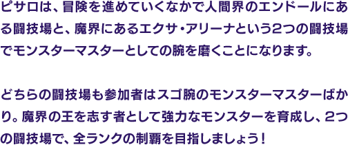 ピサロは、冒険を進めていくなかで人間界のエンドールにある闘技場と、魔界にあるエクサ・アリーナという2つの闘技場でモンスターマスターとしての腕を磨くことになります。どちらの闘技場も参加者はスゴ腕のモンスターマスターばかり。魔界の王を志す者として強力なモンスターを育成し、2つの闘技場で、全ランクの制覇を目指しましょう！