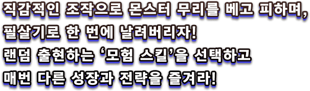 직감적인 조작으로 몬스터 무리를 베고 피하며, 필살기로 한 번에 날려버리자! 랜덤 출현하는 ‘모험 스킬’을 선택하고 매번 다른 성장과 전략을 즐겨라!