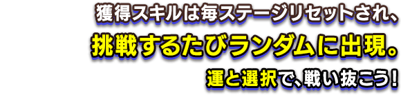 獲得スキルは毎ステージリセットされ、挑戦するたびランダムに出現。運と選択で、戦い抜こう！