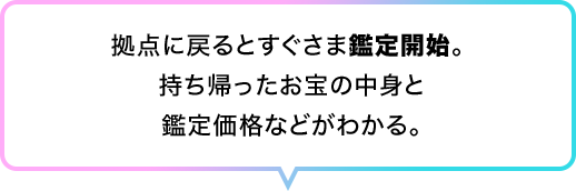 拠点に戻るとすぐさま鑑定開始。持ち帰ったお宝の中身と鑑定価格などがわかる。