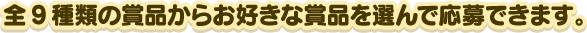 全９種類の賞品からお好きな賞品を選んで応募できます